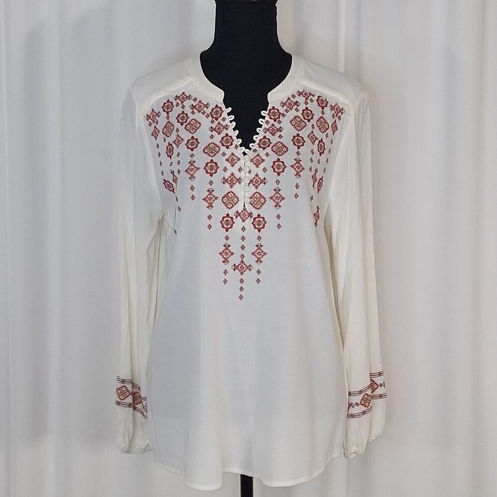 Democracy Women's Large White Embroidered Tunic Top Boho Peasant Long Sleeve